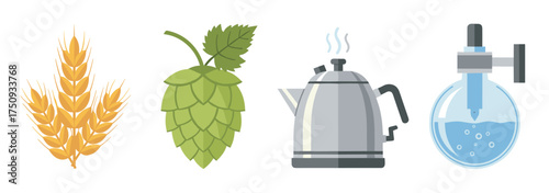 Illustration featuring a golden wheat stalk, green hop cone, silver kettle with steam, and a blue lab flask with water, symbolizing brewing elements.