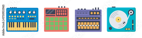 Colorful collection of music production equipment featuring a synthesizer, drum machine, sampler, and turntable in a minimalist design.