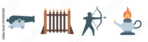 Stylized icons representing a cannon, a wooden fence with spikes, an archer with a drawn bow, and a burning oil lamp.