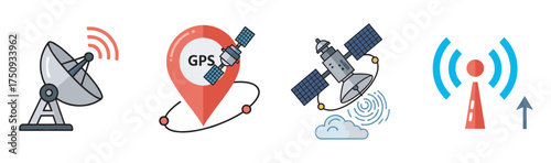 Colorful digital icons depicting satellite communication, gps navigation, weather satellite, and wireless signal transmission.