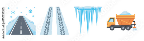 Winter concept icons including a snow-covered road, tire tracks, icicles, and an orange snowplow truck spreading salt.