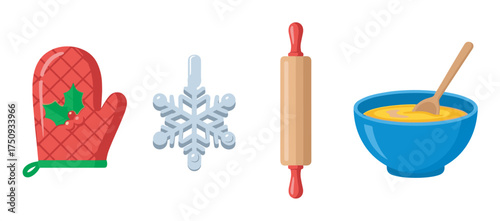 A detailed illustration of a red quilted oven mitt with holly, a snowflake cookie cutter, a wooden rolling pin, and a blue mixing bowl with batter.
