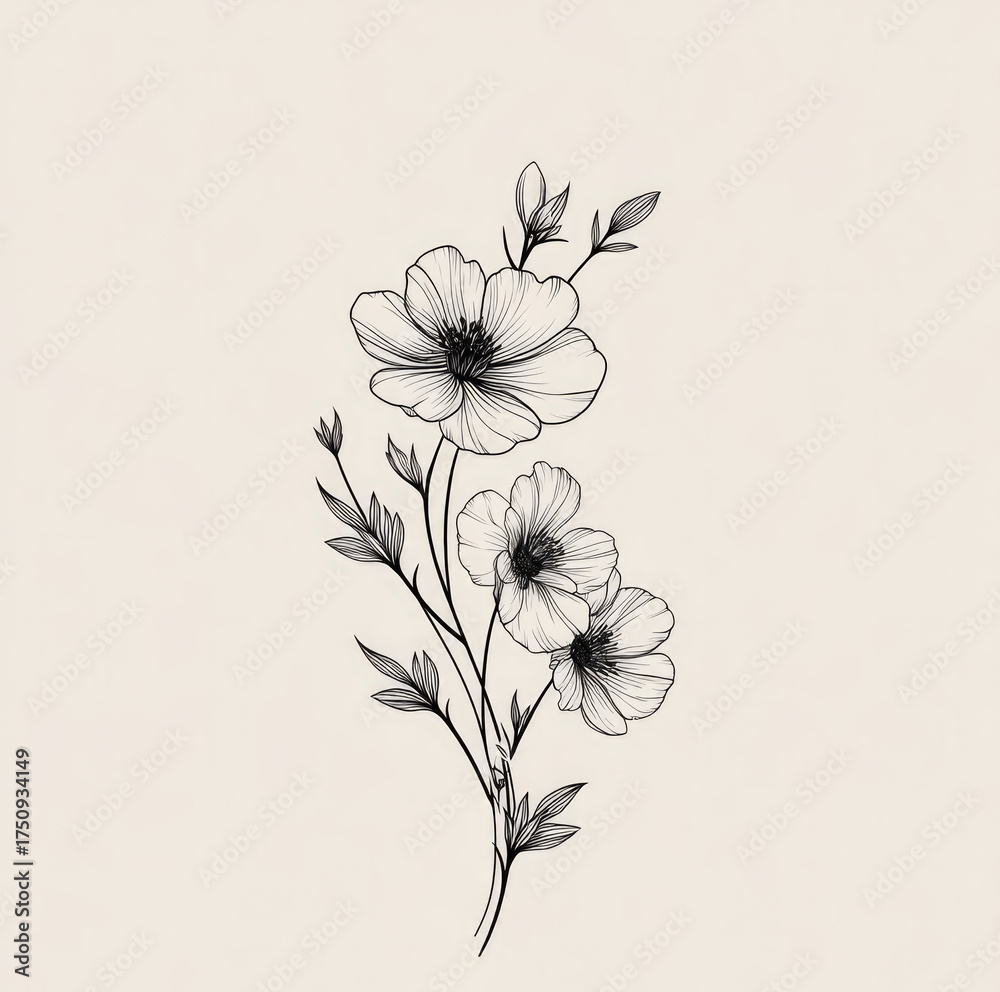 Obraz premium Tattoo design of flowers, a simple line art drawing with fine details, on a white backgroung