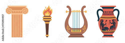 Colorful set of greek cultural icons including a doric column, a flaming torch, a classic lyre, and an ancient amphora with intricate designs.