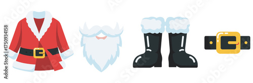 Festive santa claus costume elements including red jacket, white beard, black boots, and belt with a golden buckle.