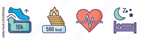 Colorful icon set depicting running shoe with step counter, burning calories with flame, heart with heartbeat line, and sleeping bed with moon and stars.