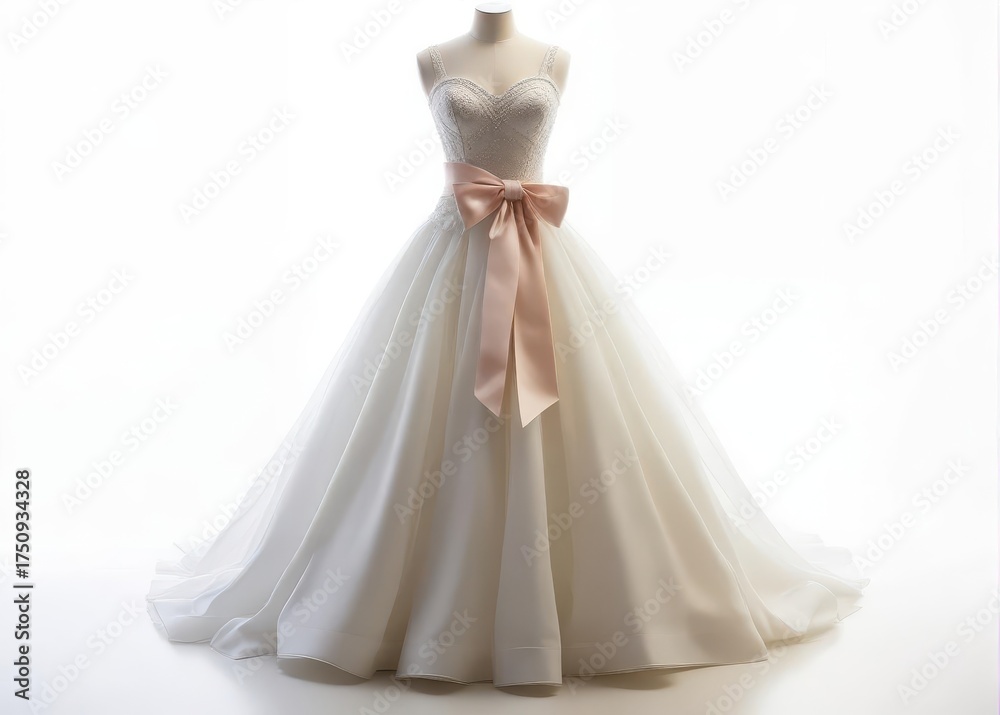 Fototapeta premium Beautiful Wedding Dress with Delicate White Bow Isolated on White Background