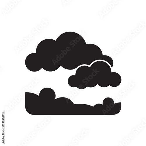 Stylized illustration of dark clouds and a layered landscape, isolated on white background
