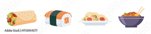 Colorful digital illustration of diverse international cuisines, including a burrito, sushi, pasta, and a bowl of asian stir-fry with chopsticks.