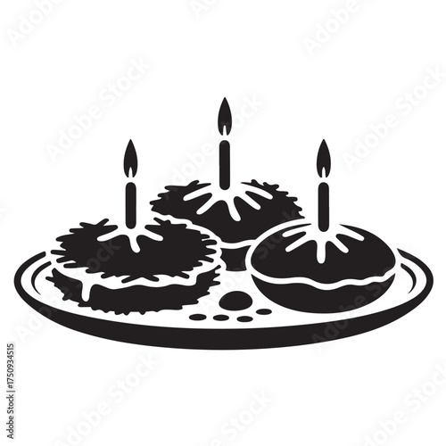 Three festive cakes with lit candles on a plate isolated on white background
