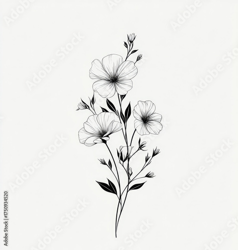 Tattoo design of flowers, a simple line art drawing with fine details, on a white backgroung