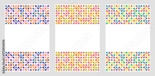 A set of abstract backgrounds featuring vibrant abstract patterns of connected dots, metaball. A colorful, minimalist pattern of circles and dots. Vector illustration.