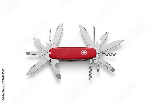 Red Swiss Army pocket knife with all its tools fanned out