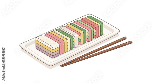 A colorful assortment of layered mochi served on a white rectangular dish with two chopsticks on the side.