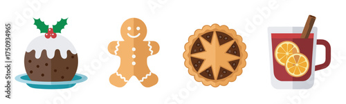 Festive assortment of holiday treats including a christmas pudding with holly, a gingerbread person, a star-topped pie, and a mug of spiced mulled wine with orange slices.