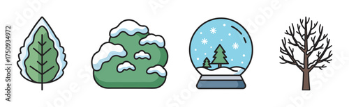 Colorful set of four winter-themed icons depicting a green leaf, snow-covered bush, snow globe with trees, and bare tree.