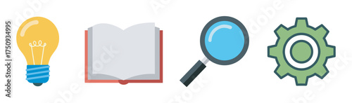 Flat design icons depicting a yellow lightbulb, an open book, a blue magnifying glass, and a green gear.