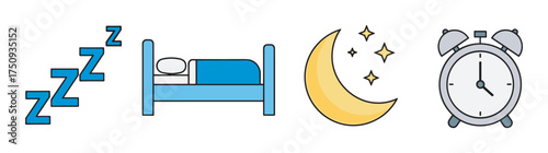 Set of four icons representing sleep, including z's, a bed with a pillow and blanket, a crescent moon with stars, and a traditional alarm clock.