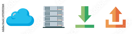 Illustrated icons of a blue cloud, server stacks, green download arrow, and orange upload arrow representing cloud computing and data transfer concepts.