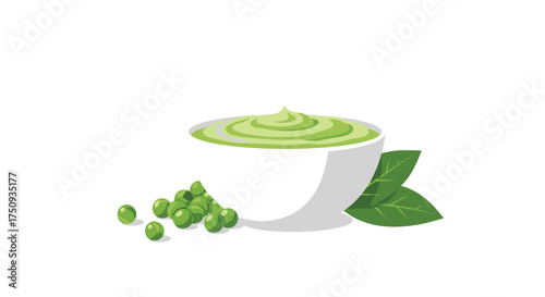 A vibrant green pea puree served in a white bowl with fresh peas and mint leaves on the side.