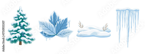 Snow-covered evergreen tree, frosty leaves, snow-draped bushes, and icicles illustrate winter nature elements.
