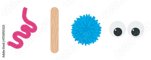 Pink pipe cleaner, wooden craft stick, blue pom-pom, and googly eyes are aligned horizontally in a creative assemblage.