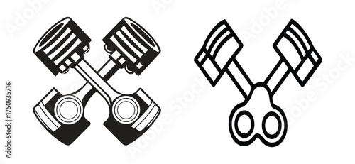 Two crossed engine pistons silhouette isolated on white background