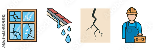 Illustrated icons depicting a cracked window, a leaking roof, a wall with a visible crack, and a construction worker wearing a hard hat and holding a toolbox.