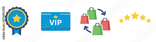 Set of icons featuring a star ribbon badge, vip card, green and red shopping bags with arrows, and a row of five stars, representing rewards and shopping concepts.