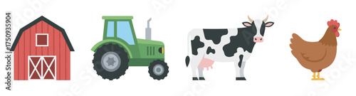Red barn, green tractor, black and white cow, and brown chicken, representing classic farm elements.