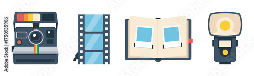Flat design icons of a retro camera, film strip, photo album with images, and an external flash unit, representing photography and memory capturing tools.