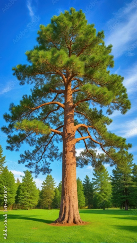 Fototapeta premium Large tall pine tree with vibrant brown bark against a bright green background