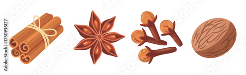 Various aromatic spices including cinnamon sticks, star anise, cloves, and a whole nutmeg on a white background.
