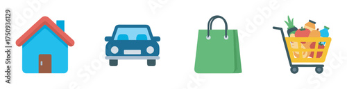 Colorful flat design icons of a house, a car, a shopping bag, and a shopping cart filled with groceries.