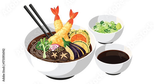 A delicious bowl of soba noodles with tempura shrimp and vegetables is served with dipping sauce and a side of green onions.