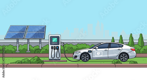 electric vehicle charging ev car charging at a station powered by solar panels promoting sustainability and renewable energy in a green environment.