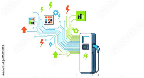 Electric vehicle charging station illustration fueling innovation sustainable technology powering electric cars showcasing eco-friendly transportation in a modern design.