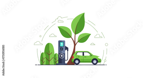 electric vehicle charging station green energy car at station next to a tree and bush promoting ecological awareness and sustainable transport options.