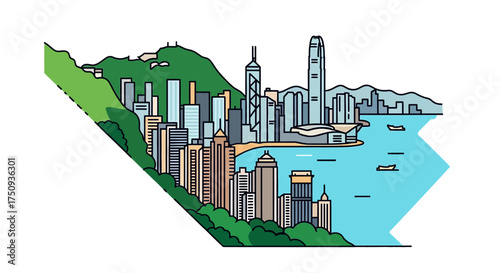 hong kong cityscape illustration with victoria harbor view against a green mountain backdrop ideal for travel blogs city guides and tourism promotion material.