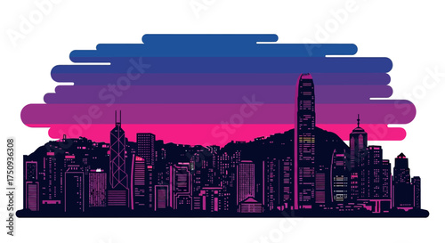 hong kong skyline at dusk a vibrant cityscape illustration showcasing the citys modern architecture against a colorful stylized sky background