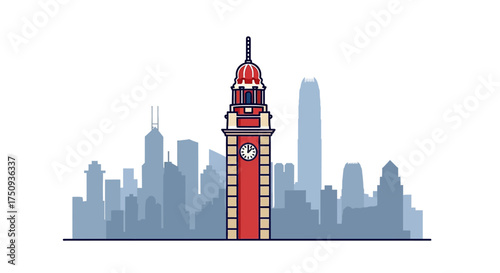 Hong Kong skyline illustration a vector image of the Clock Tower amidst the citys skyscrapers ideal for travel blogs cultural promotion and architecture showcase.