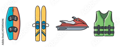 Colorful icons of a wakeboard, water skis, jet ski, and life jacket arranged in a row, representing various water sports equipment.