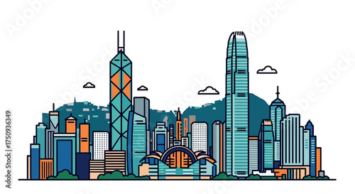 hong kong skyline illustration against the backdrop of mountains perfect for travel blogs showcasing vibrant buildings and urban development