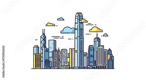 hong kong skyline illustration a vibrant cityscape with iconic skyscrapers under fluffy clouds ideal for travel blogs and urban design presentations.