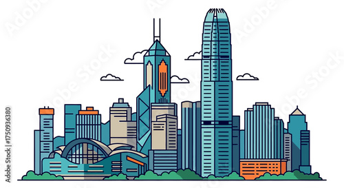 hong kong skyline illustration iconic buildings against a white background showcasing modern city architecture perfect for tourism and urban development themes.