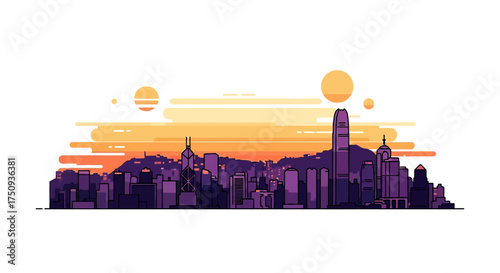hong kong skyline illustration at sunset depicting urban cityscape and modern architecture with orange sky and city lights ideal for travel blog header