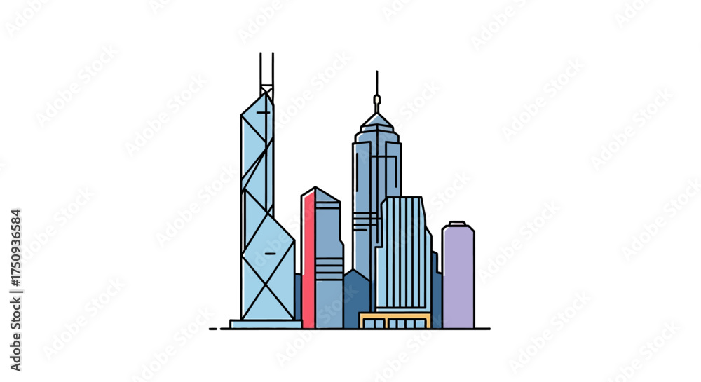 Obraz premium minimal hong kong skyline illustration showcasing iconic skyscrapers against a clear sky ideal for travel blogs architectural presentations and urban design portfolios.