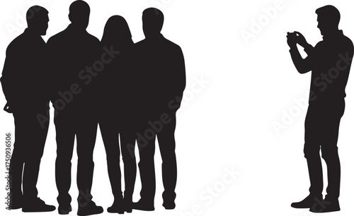 Vector art of silhouette of a group of people posing for a photo, with one person taking the picture, the figures are black against the white backdrop, creating a stark contrast