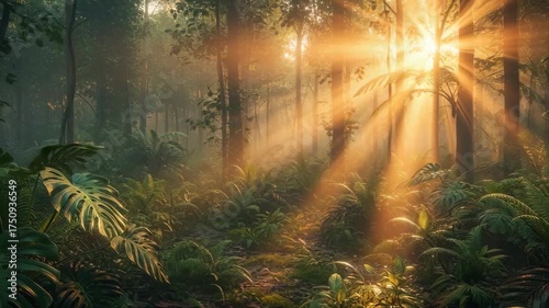 Golden Sunbeams Filter Through Lush Green Forest Canopy Illuminating Dense Undergrowth With Visible Dust Particles