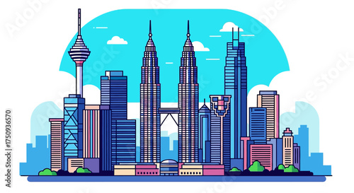 Kuala Lumpur cityscape illustration twin towers and modern architecture perfect for travel blogs showcasing malaysias landmarks and urban development.